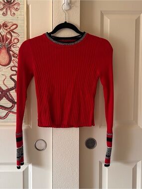Topshop Red Ribbed Long-Sleeve Knit Top